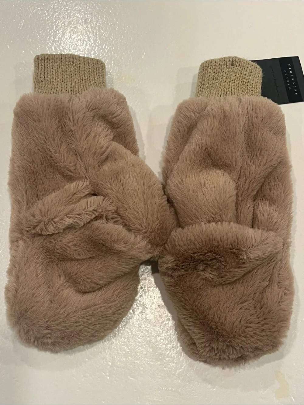 Women's Faux Fur Mittens - Beige